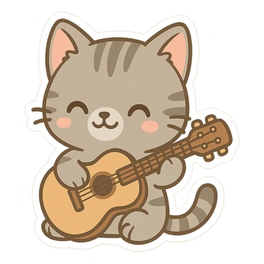 grey tabby cat strumming a guitar, cartoon style sticker