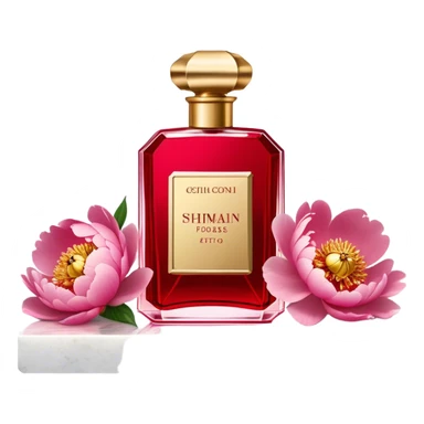 "A vintage red perfume flacon with a golden cap, set among pink peonies on a marble vanity. The soft glow highlights its old-world charm and refined elegance." sticker