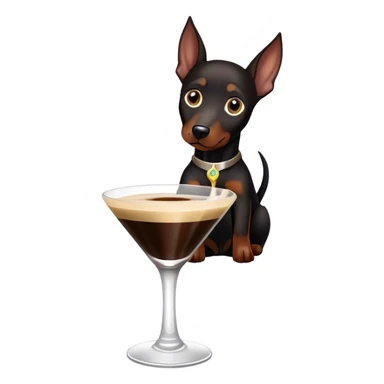Black Miniature Doberman with cropped ears, sitting in an espresso martini sticker