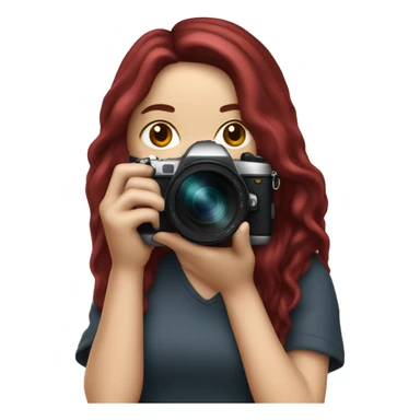 white girl photographer with long burgundy hair and Canon camera sticker