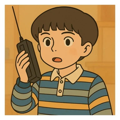 Variação do Mike Wheeler com cabelo de tigela mais curto, traço simples e delicado, colorido em tons pastel, contornos bem grossos e escuros, estilo Ghibli, formato 1:1 sticker