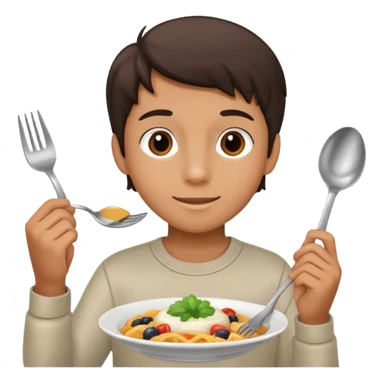 middle school student with a fork and spoon, enjoying a meal, simple background sticker
