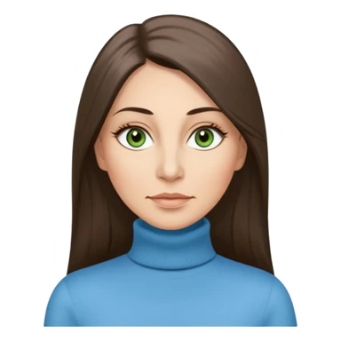 43 year old Adult woman avatar, light skin tone, long, oval face, long straight ashy brown hair, green almond-shaped eyes with dramatic eyelashes and minimal eyeliner, neutral mouth, medium straight eyebrows, average nose, smooth skin,  sky blue turtle neck  sticker