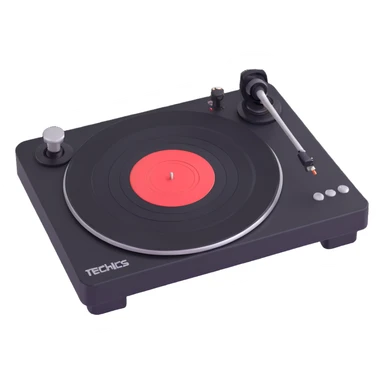 Make the Technics-style turntable look more vintage with playful rounded features in a Disney Pixar 3D style. Use a predominantly black color scheme, avoid neon colors entirely, and keep the look vintage and playful without neon. sticker