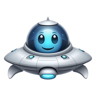 Design a simple, friendly spaceship with a smooth, rounded shape. Add a clear 'face' on the front using glowing lights for eyes and a curved line for a smile, giving it personality. Use a plain background to keep the focus on the ship sticker