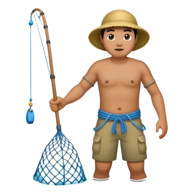 A Polynesian fisherman standing in the water fishing with a large net sticker