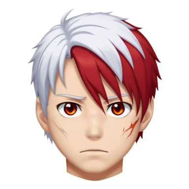 Shoto Todoroki face only, left side white hair, right side red hair, heterochromatic eyes, burn scar on left side of face, serious expression sticker