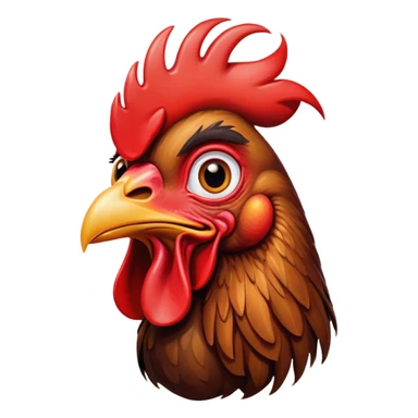 Cinematic Comical Brown Rooster Portrait Emoji, Head tilted dramatically with an exaggeratedly amused expression, featuring a striking, glossy brown plumage with a bold red comb, wide, expressive warm eyes filled with playful disbelief, Simplified yet hilariously expressive features, highly detailed, glowing with a slightly sassy glow, high shine, dramatic yet playful, stylized with an air of cheeky mischief, bright and endearing, soft glowing outline, capturing the essence of a spirited and over-the-top rooster, so meme-worthy it feels like it could crow its way into internet fame instantly! sticker