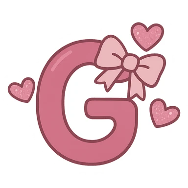 flat-toon style dark pink letter G with a light pink bow and floating glittery pink hearts sticker