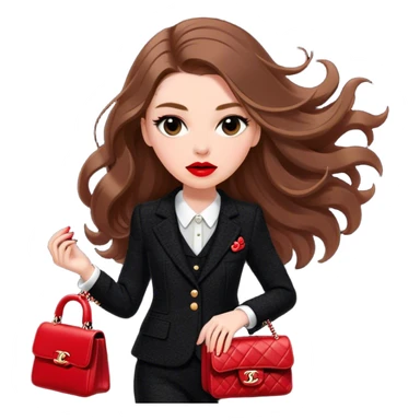White girl with brown long hair dressed up in black chanel tweed suit with a red chanel bag and red lipstick. Close up with wind blowing her hair looking fancy sticker