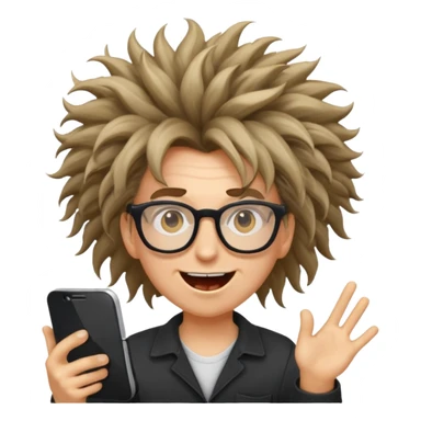 crazy programmer with wild hair, glasses, energetic expression, emoji style sticker