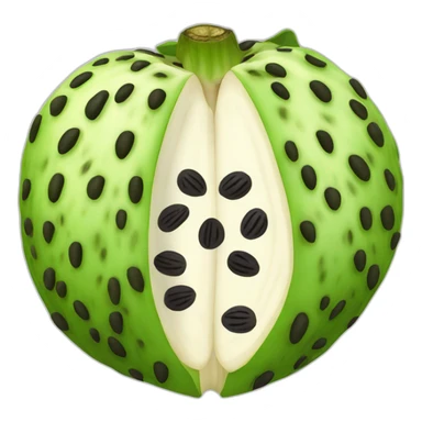 open cherimoya showing the white inside and black seeds sticker