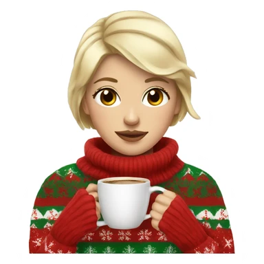 Short haired blonde girl drinking coffee wearing Christmas sweater sticker