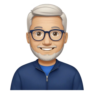 Light-skinned wider-built man with oval face, very close-cut hair (shorter on top, skin fade), short graying beard, big black glasses frames, happy smile, navy blue zip-up sweatshirt with long sleeves sticker