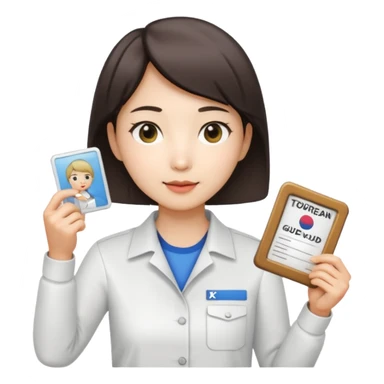 A Korean short-haired female tour guide is wearing a white shirt, holding her Korean tour guide license in her left hand, which is a horizontal card. sticker