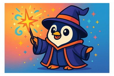 a cute penguin wizard casting a spell, wearing a robe and holding a wand, in a colorful cartoon style, vibrant toon illustration sticker