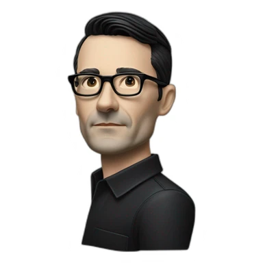 small photo realistic Ralf Hutter from Kraftwerk, short straight black hair, Dark Brown eyes, black glasses, thin, black shirt, side view, riding open top black tesla model 3 sticker