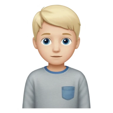 A 9 year old boy with blonde hair and blue eyes wearing grey jean shorts and cream jumper sticker