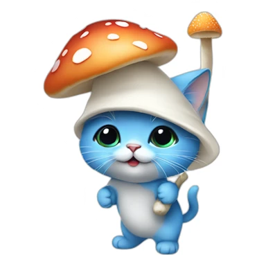Blue skinned kitten with a white mushroom hat and white pants and carrying a mushroom on a stick on his back sticker