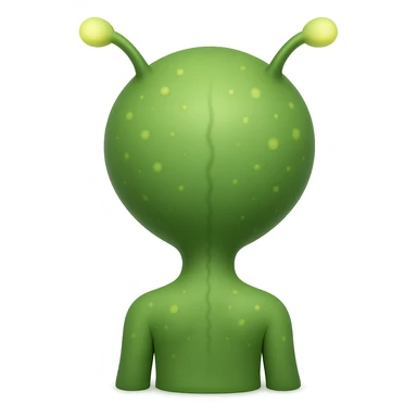 Add more details to this rear view alien in emoji style: visible antennae, subtle back ridges, small glowing spots, and a hint of feet, no background. sticker