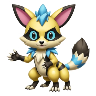 Modern anthropomorphic furry futuristic shiny colorful Zeraora-Minccino-Pichu-Obstagoon-WereGarurumon-fusion (full body) sticker