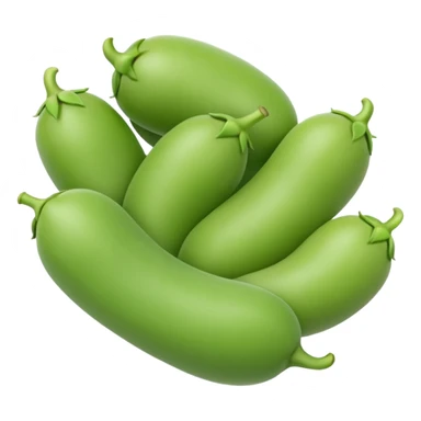realistic fava beans, two or three, bright green, removed from pod, soft curved, smooth matte, plump, fresh, size and contour variation, optional open pod, no bowl, plate, or faces, clean 3D, soft lighting, transparent background, emoji scale sticker
