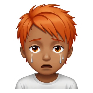 brownskin boy with emo orange hair, red and black eyes, crying white tears, more cartoonish sticker