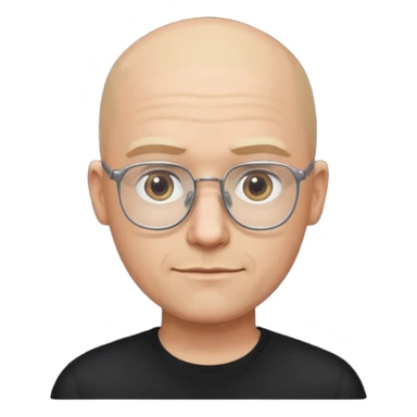 bald blonde man with eyeglasses with black shirt sticker
