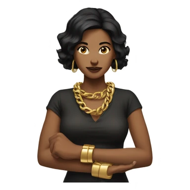 Woman with black hair, arms forming an X. big golden bracelets. sticker