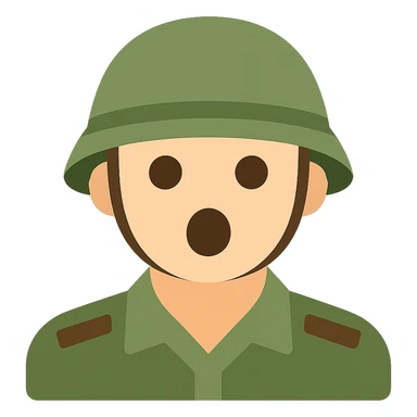 Convert this surprised soldier icon to a clean and modern color version with natural skin tones, a green or khaki helmet, and subtle shading. Keep the style clean and modern with a transparent background. sticker