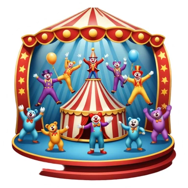Professional icon for Circus Arts: a dynamic circus stage with acrobats in mid-performance, a clown and trained performing bears. The icon should convey the skill and excitement of the circus, with precise details on costumes, props, and the arena setting. Transparent background. sticker