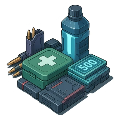 the image is the icon for a videogame  item. futuristic cyberpunk -ready to equip- it is master craftsmanship [ unequipped item ]
It is a pile of miscilaneous loot, some ammunition, credits, first-aid, and a hydrator, neatly bunched together, isometric view, orthographic - style of anime - neatly staged sticker