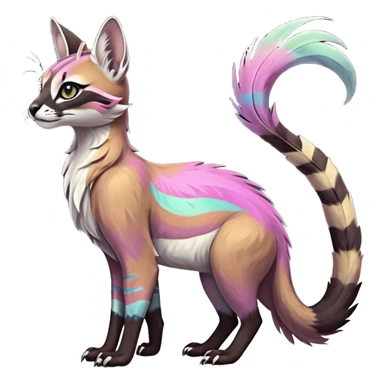 Colorful dark tropical feathery tribal pale light fruity pastel white glorious iridescent divine exotic cute cool beautiful beautiful fantasy-caracal-civet-genet-sergal-vernid-Gryphon-Cacomistle-Trico-oncilla-animal-Fakémon-hybrid-fursona (full body) sticker