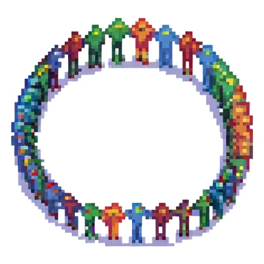 pixel art of three people standing in a circle, collaborative concept sticker