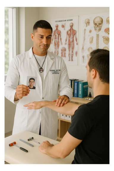 a middle-aged man, dressed in casual professional attire, is in a bright, organized therapy studio. Durante una visita di kinesiologia, il ragazzo tiene con una mano la foto di una persona lontana (il “testimone”) tiene la foto in mano, mentre con l’altra mano esegue un test muscolare su un cliente presente senza foto lui non tiene la foto. Sullo sfondo si vedono libri di kinesiologia, poster anatomici e strumenti tipici della disciplina. L’atmosfera è concentrata e serena, con luce naturale che entra dalla finestra, sottolineando l’aspetto alternativo e umano della pratica. sticker