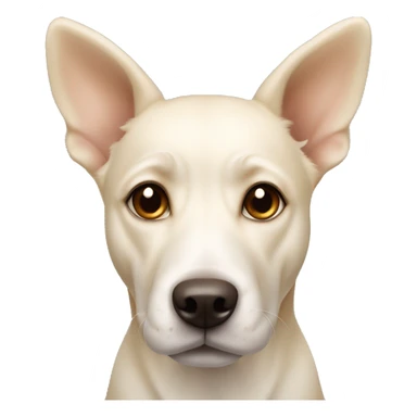 cream white colored dog, pointy ears, brown eyes, light brown nose sticker
