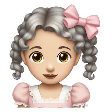 pale skin toddler girl with brown eyes and brown curly hair in two pigtails wearing a baby pink lolita dress with baby blue hair bows sticker