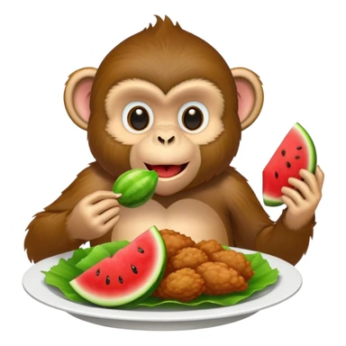 Monkey eating chicken with watermelon sticker
