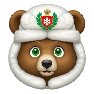 Sweet brown bear face with green eyes, white fluffy ushanka hat with very visible Russian Federation coat of arms in center, iOS emoji style sticker