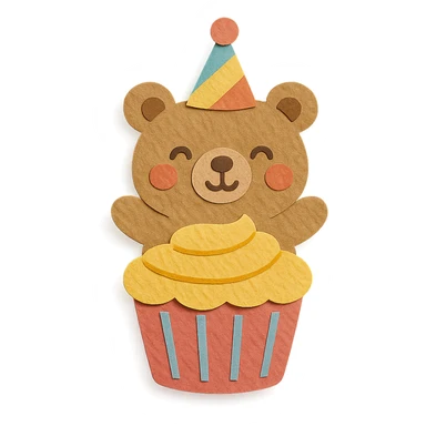 fluffy bear popping out of a cupcake, wearing a party hat, paper-craft style sticker