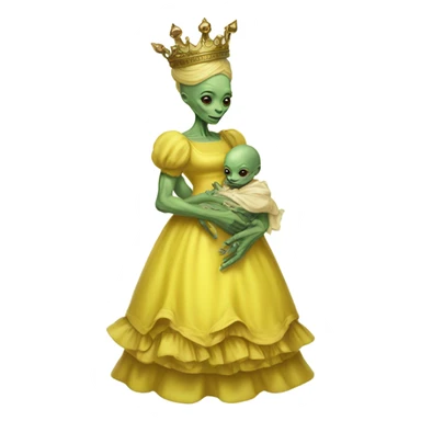 Reptilian alien woman, full body, in victorian jellow elegant dress, have a crown,holds a newborn humman baby sticker