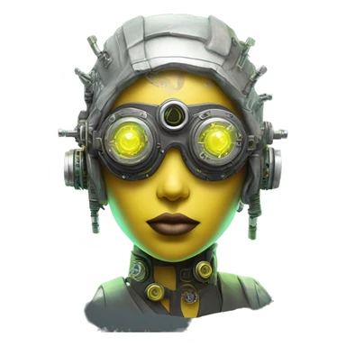 Neon yellow bobbed hair Latina female cyborg head with silver steampunk goggles and circuits sticker