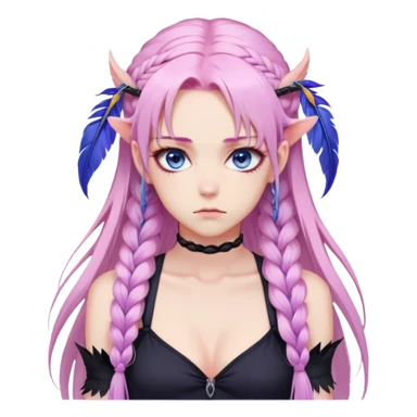 Gorgeous anime lady long-pale-pastel-pink-hair with one braid on each side, grumpy expression, purple-pink feather-ear-cuffs in hair, black bodysuit, blue eyes, pink iris, ethereal, fantasy, fashion aesthetic  sticker