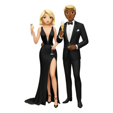 Blonde woman, black, Long, tight, sleveless Dress, Slot left Leg, man, DARK Hair, in Dinner jacket, Background ballroom, drinking champaign sticker