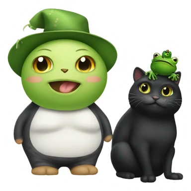 fat black cat with a frog hat  sticker