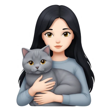 A beautiful girl with long black hair hugs a British Shorthair sticker