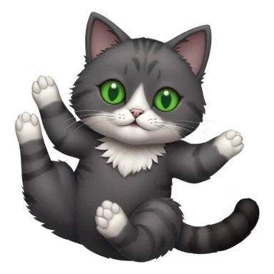 solid dark grey cat with green eyes, completely solid grey face, white toes/paws playing rolling upside down sticker