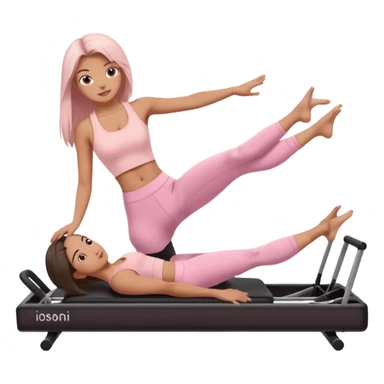 a girl doing reformer pilates, she is wearing a pastel pink fit and she has dark straight and loose hair.  sticker