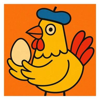 a chicken wearing a French beret, holding an egg, fun whimsical style sticker