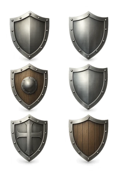 6 scudi 3d che simboleggiano "difesa e protezione", realistici in 3d fluttuano in aria, iperrealistico 4k sticker